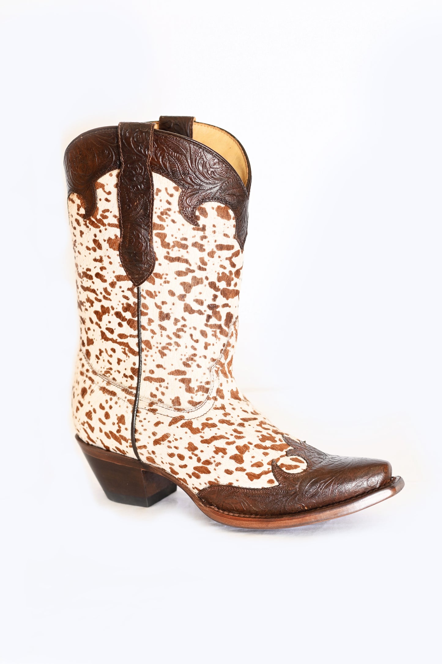 Brown and White Hide Midcalf Boots